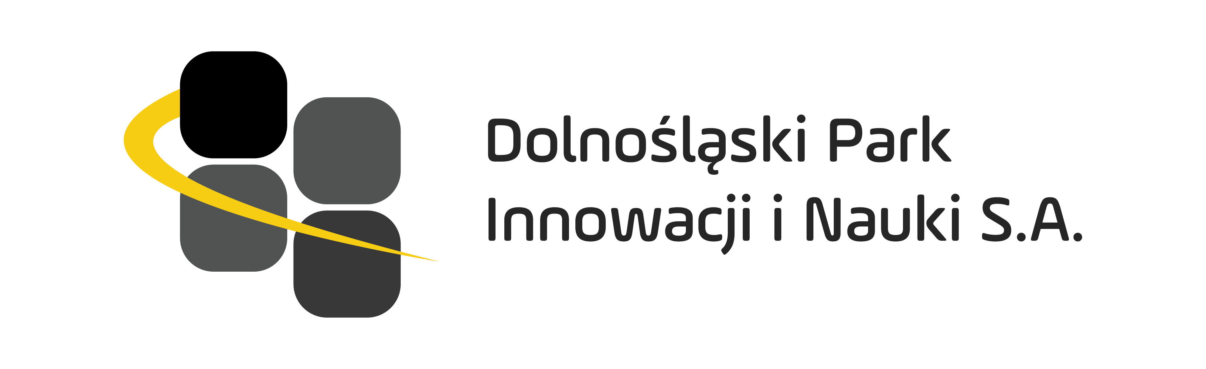 Grafika przedstawia logotyp. Znajduje się na niej napis "Dolnośląski Park Innowacji i Nauki S.A." oraz po lewej stronie znajdują się cztery kwadraty w kolorze czarnym oraz szarym.