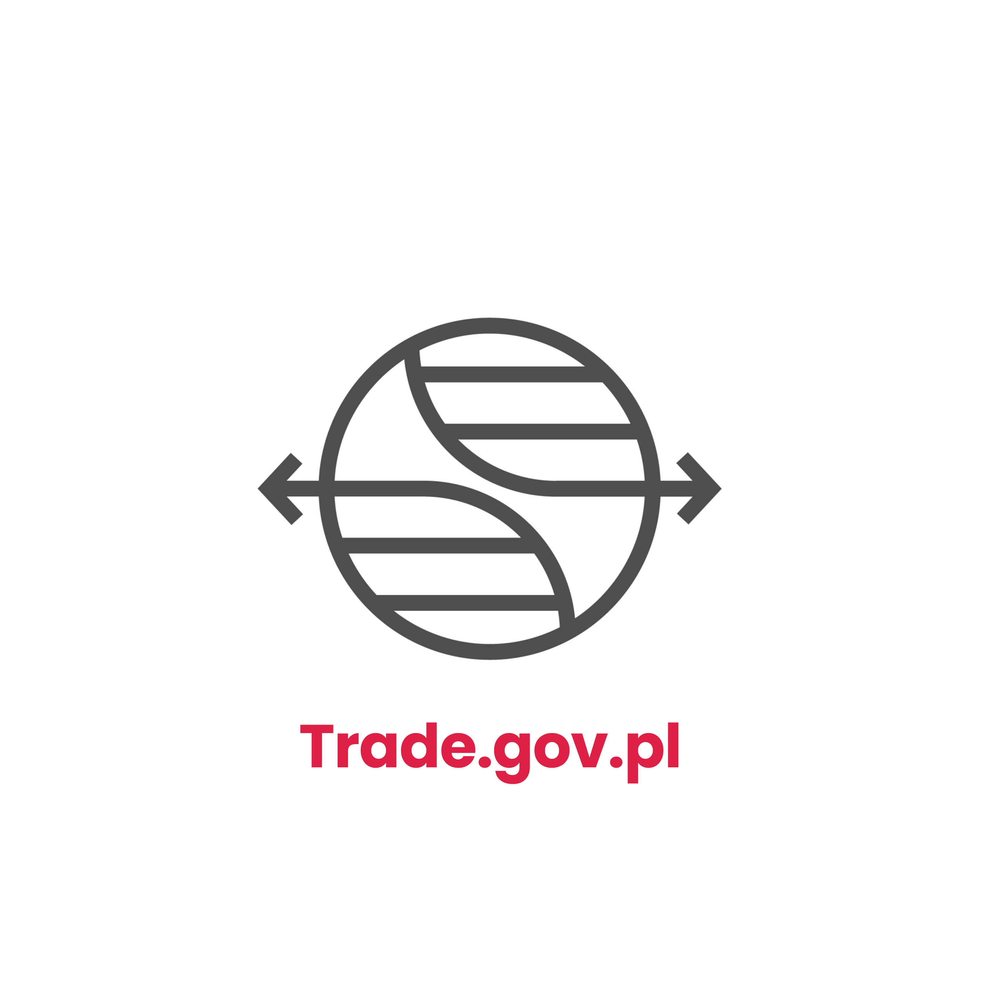 Tekst przedstawia logotyp trade.gove.pl, szary globus z dwiema strzałkami oraz różowy napis "trade.gov.pl" pod nim.