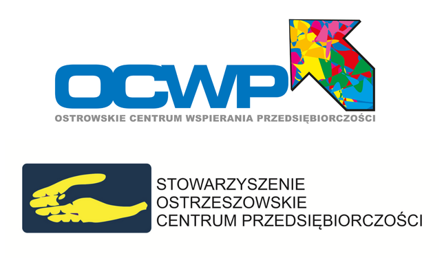Grafika przedstawia dwa logotypy: kolorowe logo Ostrowskiego Centrum Wspierania Przedsiębiorczości (OCWP) ze strzałką oraz logo Stowarzyszenia Ostrzeszowskie Centrum Przedsiębiorczości (SOCP) z dwiema żółtymi dłońmi na granatowym tle.