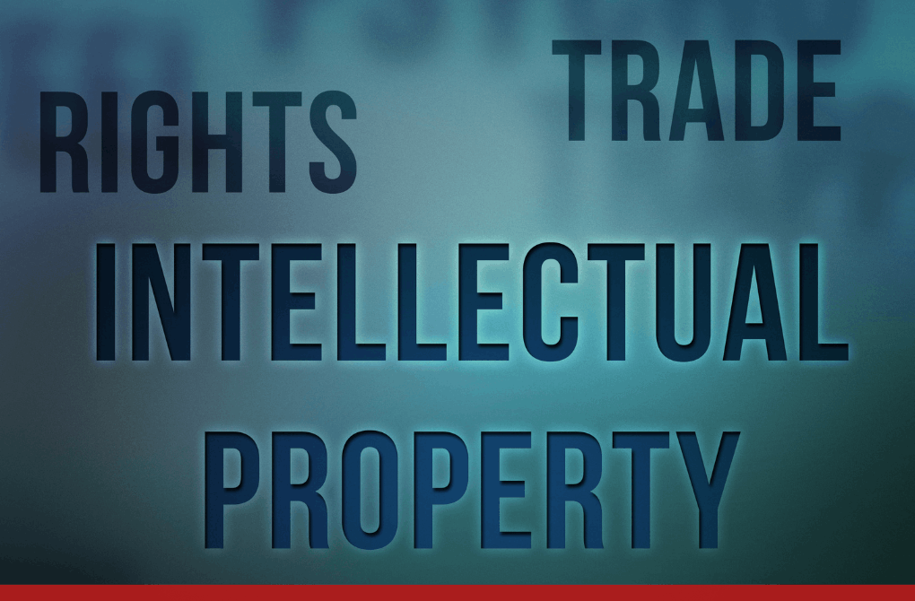 Grafika przedstawiająca pojęcie własności intelektualnej w kontekście handlu międzynarodowego. Odnosi się do ochrony praw autorskich, znaków towarowych i innowacji w działalności eksportowej.