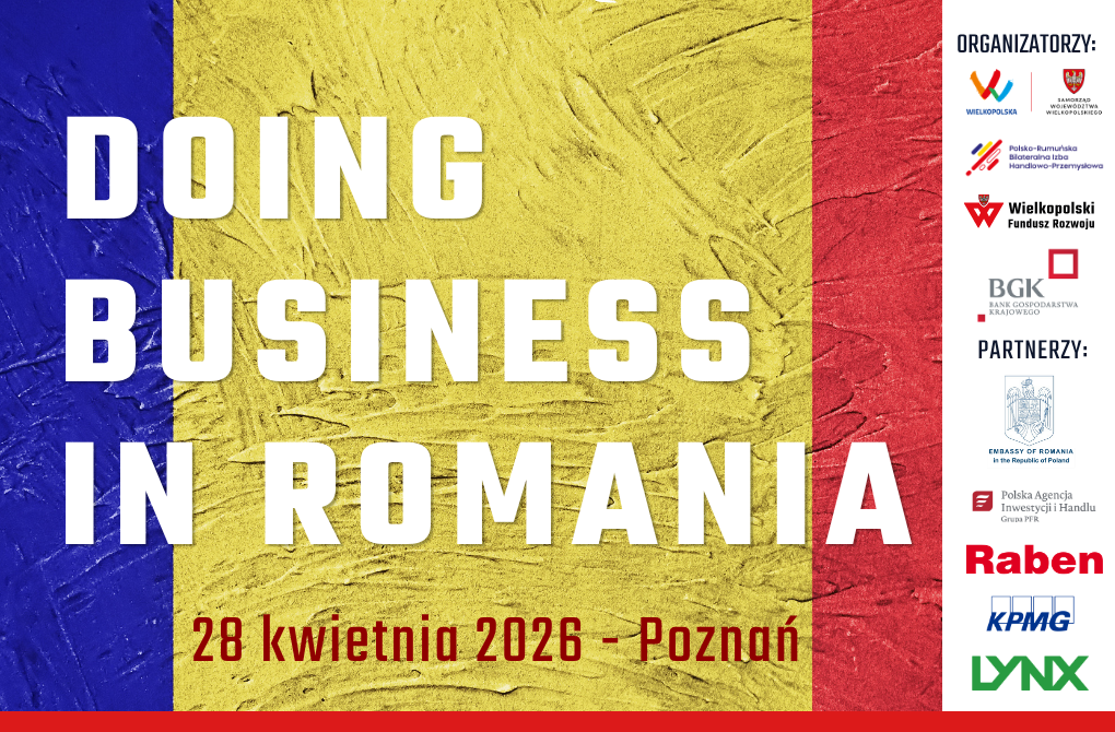 Grafika promocyjna konferencji "Doing Business in Romania" organizowanej przez Wielkopolski Fundusz Rozwoju 28 kwietnia 2026 r.